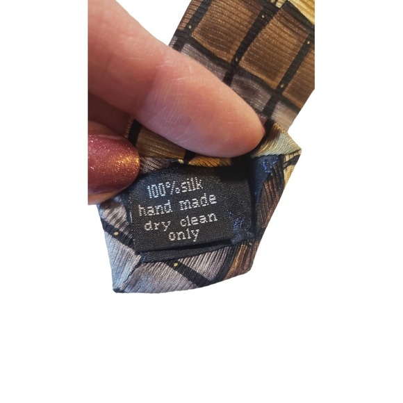 Bijoux Terner Mens Handmade Silk Neck Tie Brown Gold Silver Geometric Work Daily - Picture 8 of 12